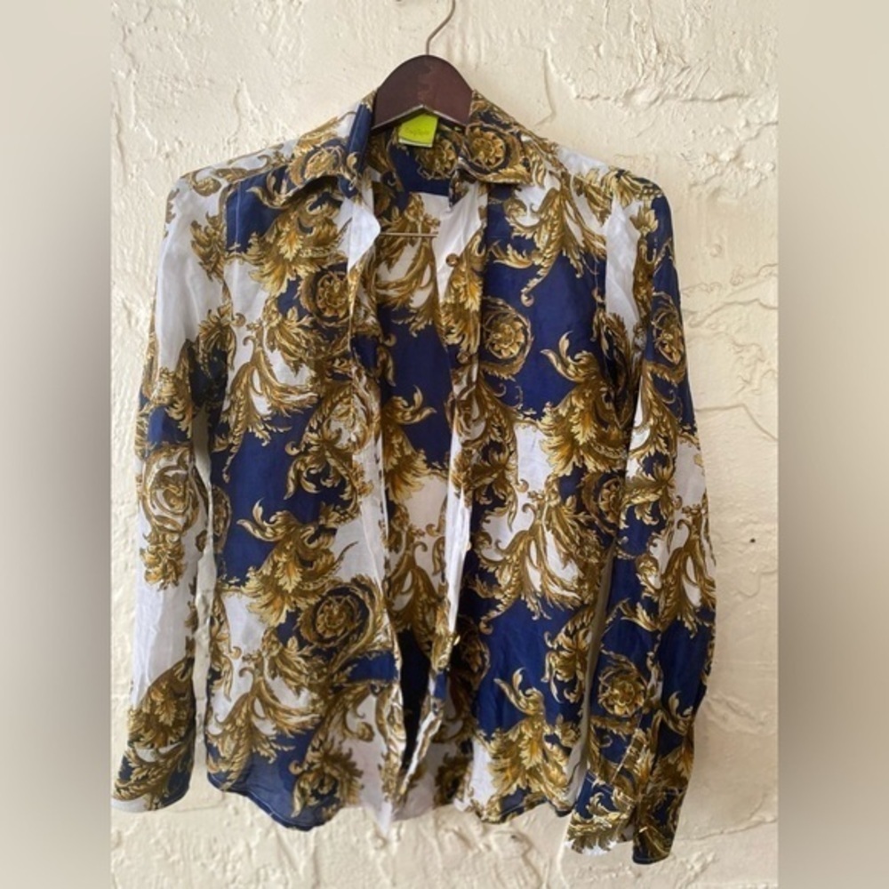 Craig Taylor Blouse “Bellagio” Blue / Gold / Cream Semi-Sheer (S)